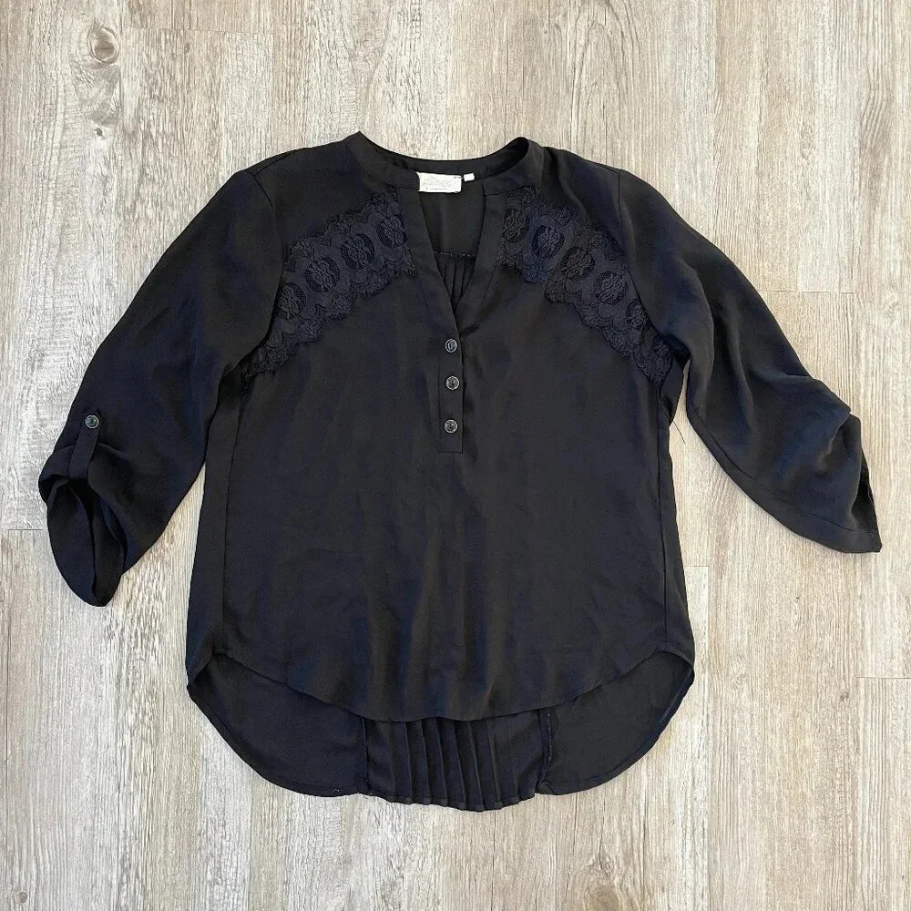 Womens Soulmates Black 3/4 Sleeve Sheer Blouse - S
